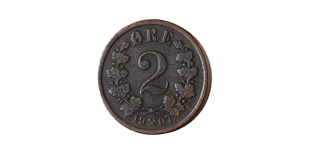   2 øre 1907 revers side av mynten